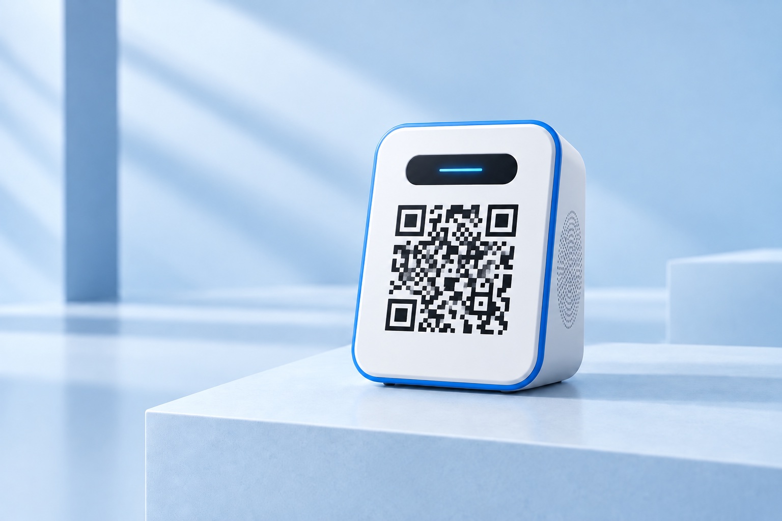 White payment soundbox with a scannable front QR code and side speaker grille
