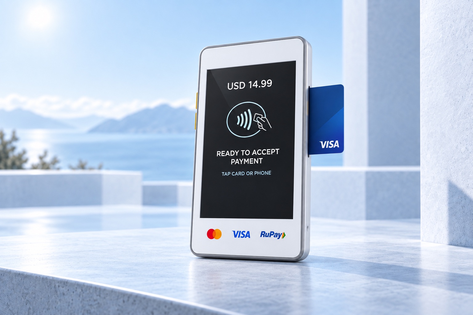 White payment POS terminal with contactless, card and payment interface