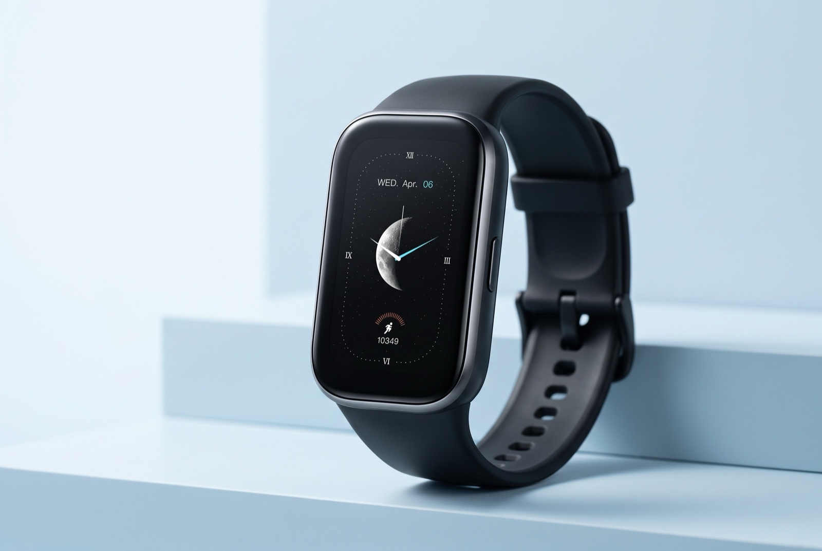 Smart wearable device on a pale-blue studio surface