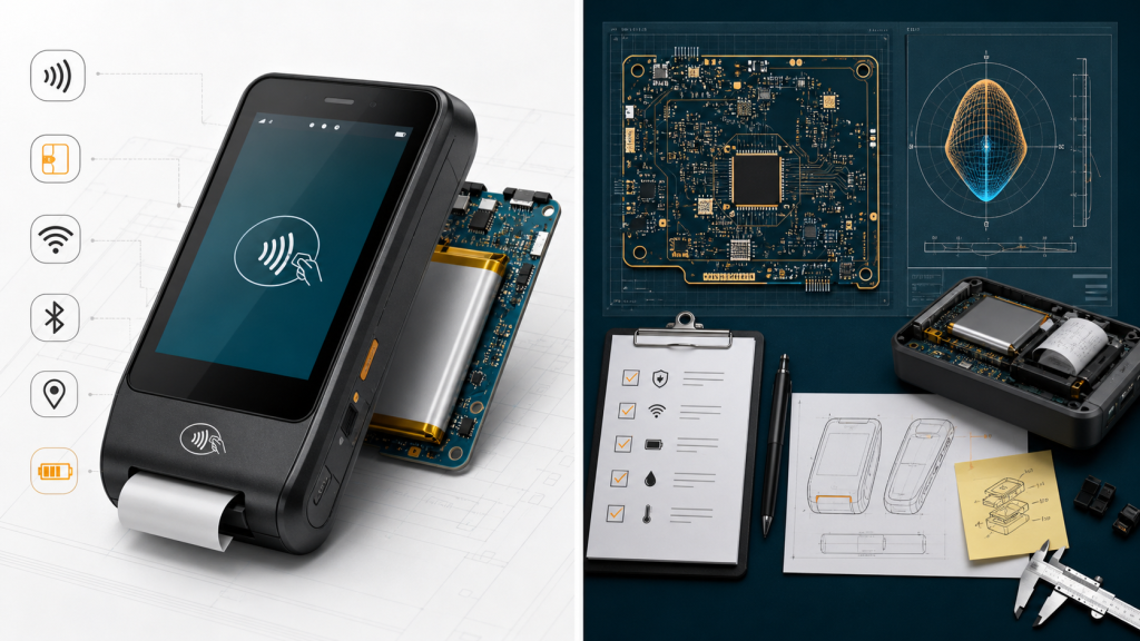 Two-panel visual showing custom POS device hardware and certification planning