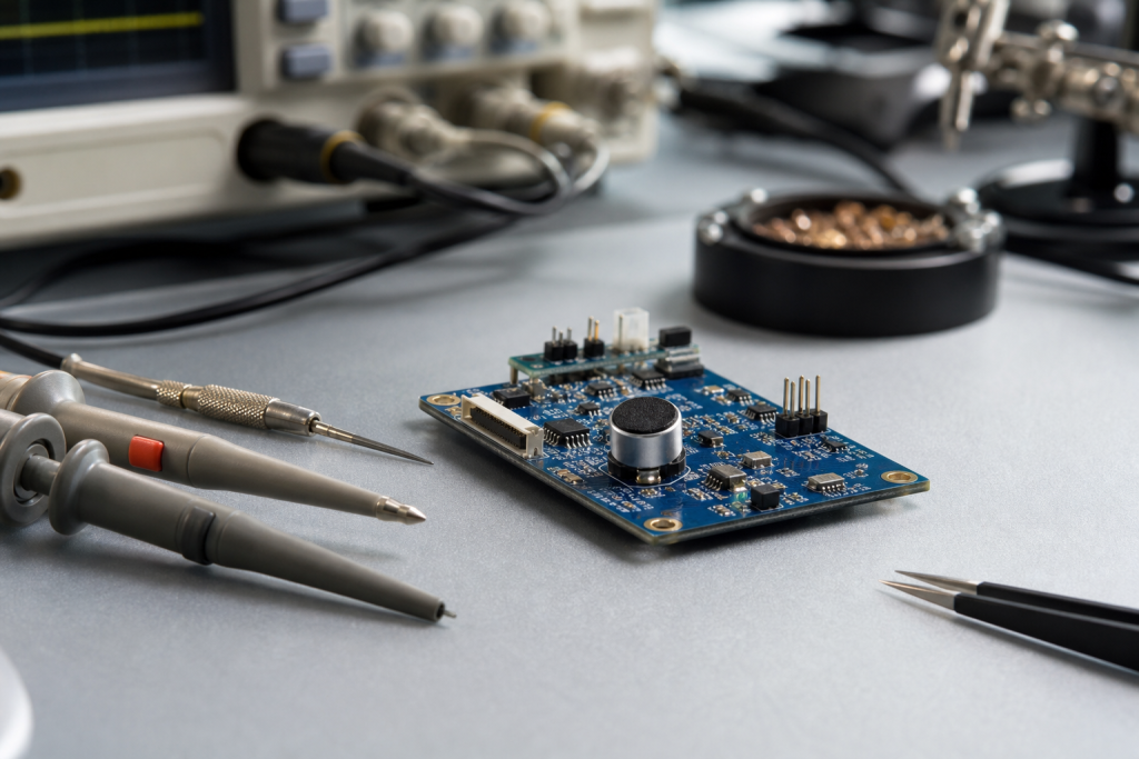 Photorealistic electronics workbench with a MEMS microphone module and test equipment