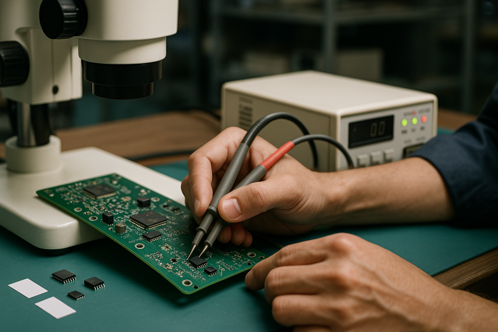 Technician testing a PCB with small SPI NOR flash chips at an engineering workbench in a Shenzhen electronics factory