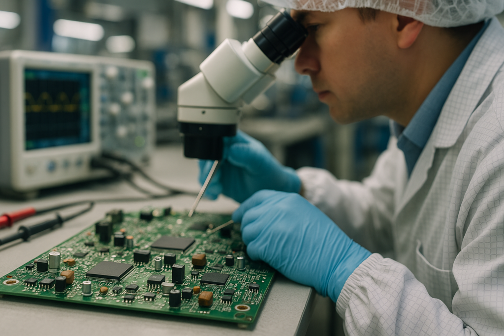 Technician inspecting populated PCB under microscope at an electronics assembly bench in a factory