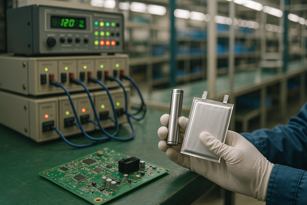 Technician holding Li-ion and LiPo cells beside a PCB and battery test equipment on an engineering workbench