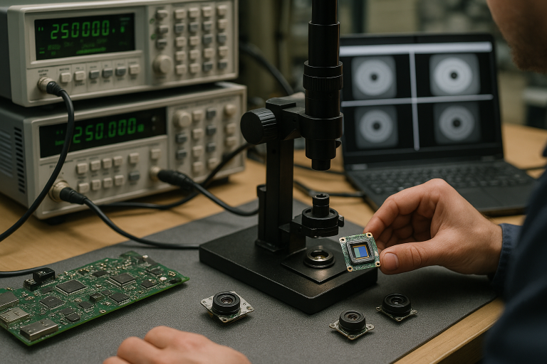 Technician calibrating a camera module on an engineering workbench with PCBs and test equipment