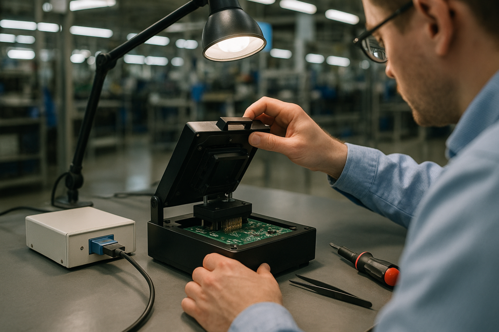 Technician flashing firmware on a populated PCB at a production test bench using a pogo pin fixture