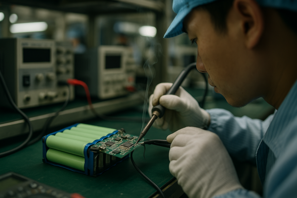 Technician soldering a battery protection IC onto a PCB next to Li-ion cells on a workbench