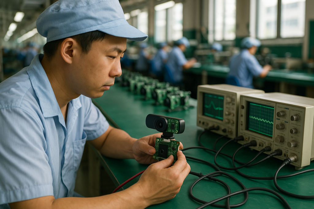Technician testing a streaming camera module on an electronics assembly bench