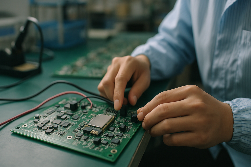 Close-up photo of a populated PCB with a module installed on an engineering bench in a Shenzhen factory