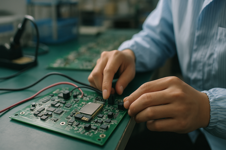 Close-up photo of a populated PCB with a module installed on an engineering bench in a Shenzhen factory