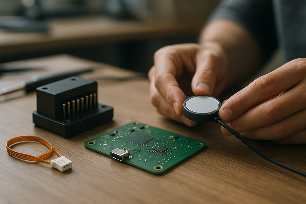 Engineer inspecting a PCB with USB-C port and multiple connector types on an assembly bench