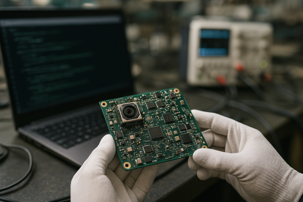 Close-up photo of camera module on PCB being inspected and tested on an assembly bench