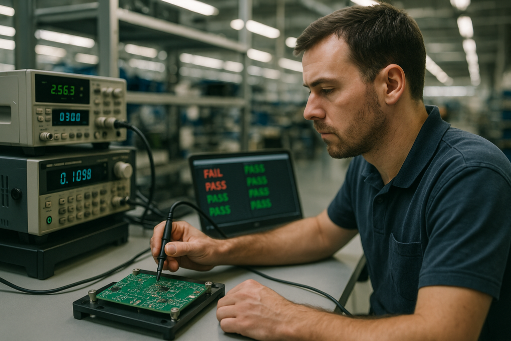 Technician running functional tests on a product using a test jig and laptop showing pass fail logs