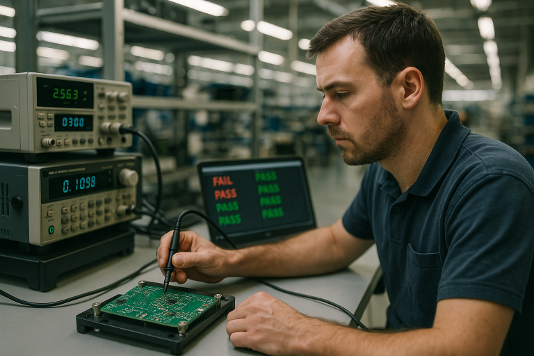 Technician running functional tests on a product using a test jig and laptop showing pass fail logs