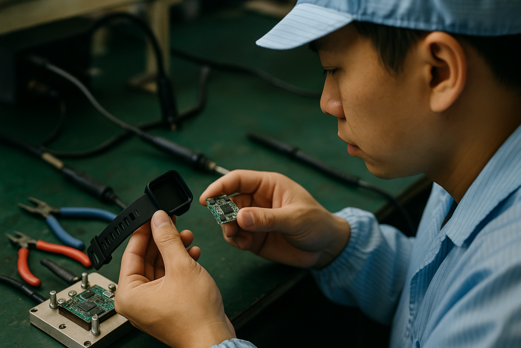 Technician inspecting wearable PCB and enclosure on an assembly bench