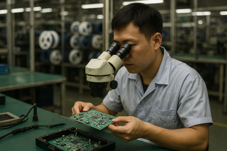 Technician inspecting a populated PCB under a microscope on an assembly bench
