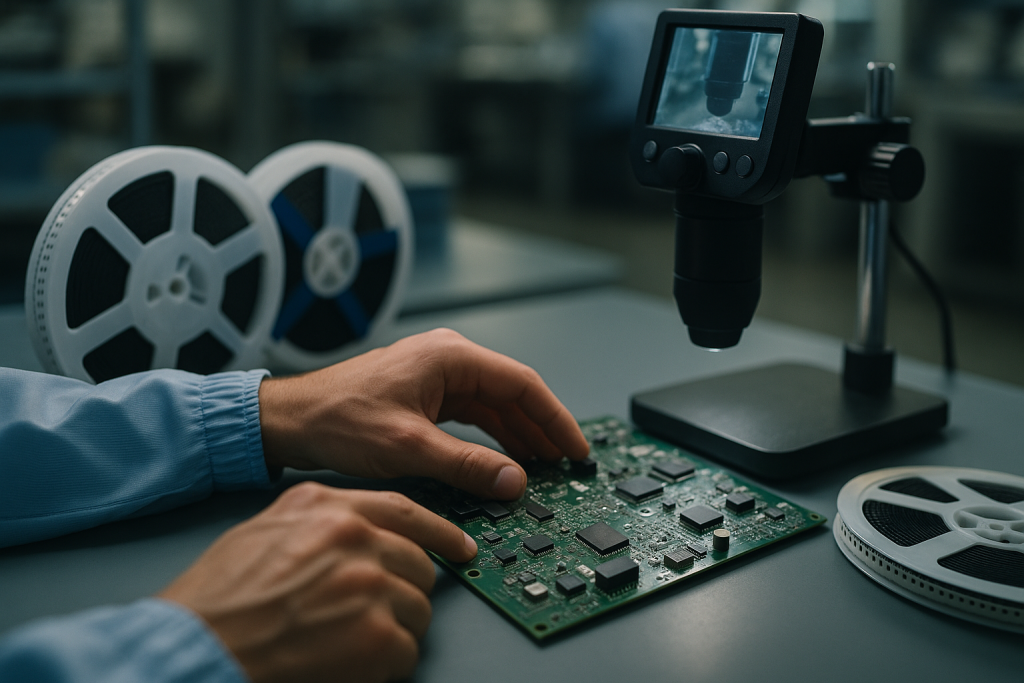 Technician inspecting a populated PCB on an assembly bench with component reels and microscope, realistic photo