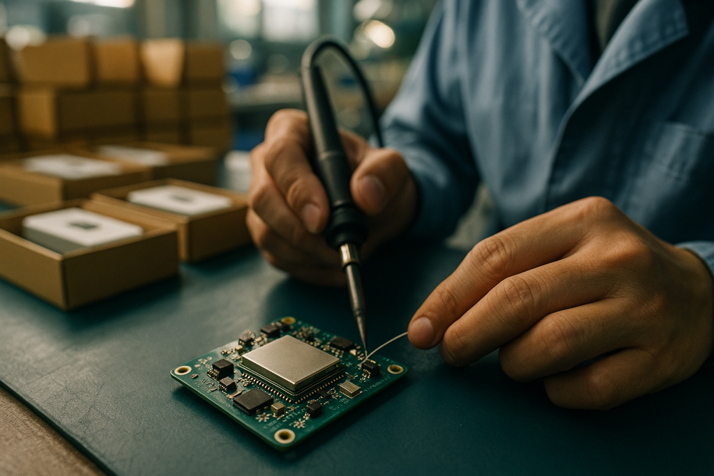 Close up of a PCB with a cellular module on an assembly bench and a technician inspecting devices